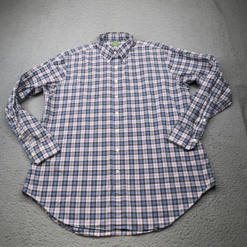 Sid Mashburn Shirt Mens XL Blue Red Check Plaid Button Up Long Sleeve Curved Hem